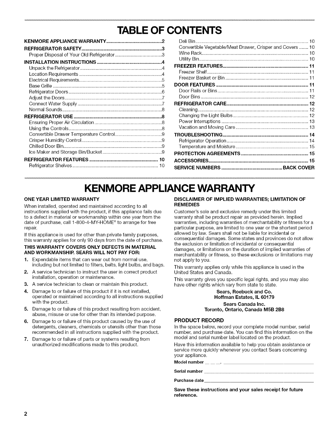 Kenmore w10144349A manual Table of Contents, Kenmore Appliance Warranty 