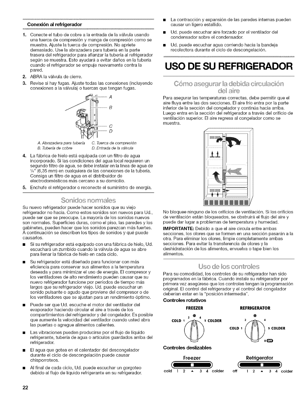 Kenmore w10144349A manual USO DE SU Refrigerador, Conexibnal refrigerador, Controles deslizables, Controles rotativos 