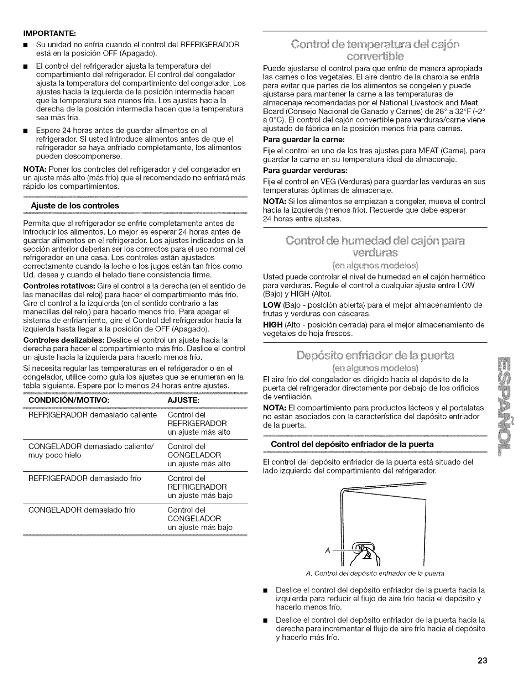 Kenmore w10144349A manual Para guardar la carne, Para guardar verduras, Control del depbsito enfriador de la puerta 