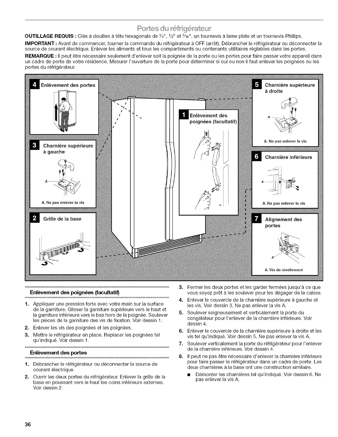 Kenmore w10144349A manual Enlvement des poignes facultatif, Enlvement des portes, Poignees facultatif, Portes 