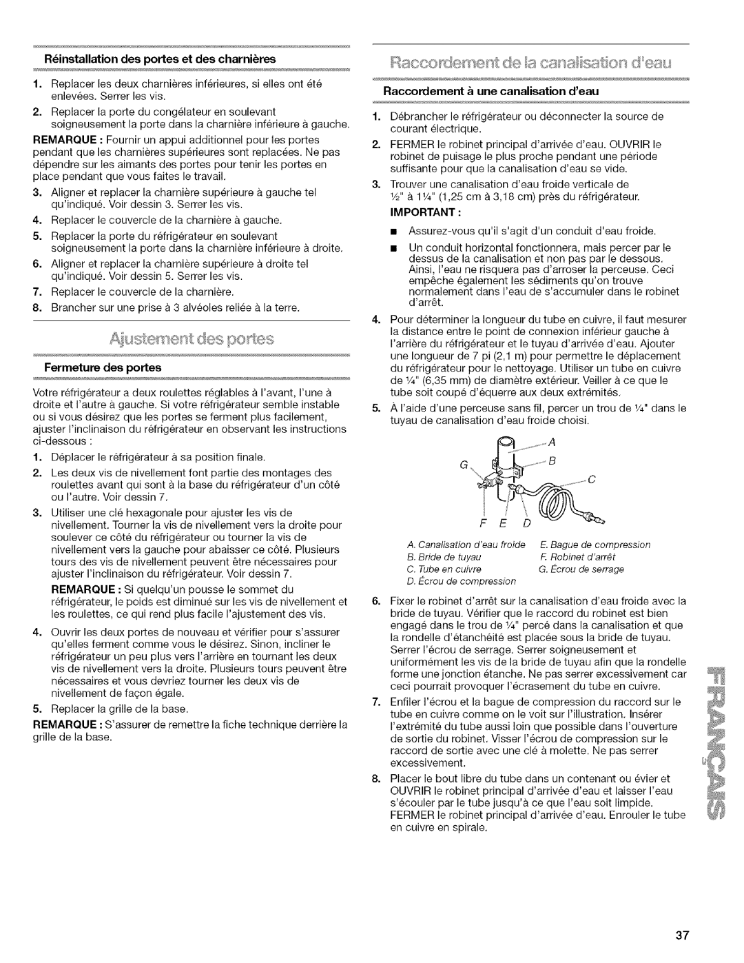 Kenmore w10144349A manual Raccordement & une canalisation deau, Rinstallation des portes et des charnires 