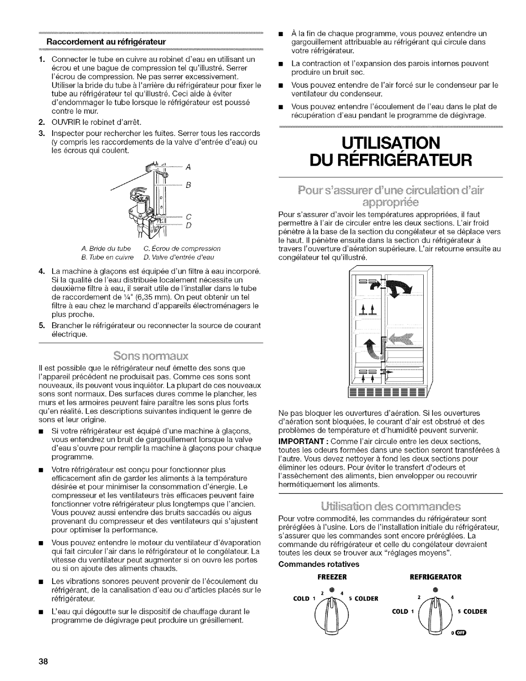 Kenmore w10144349A manual Utilisation DU RI Frigi Rateur, Raccordement au rfrigrateur, Commandes rotatives 