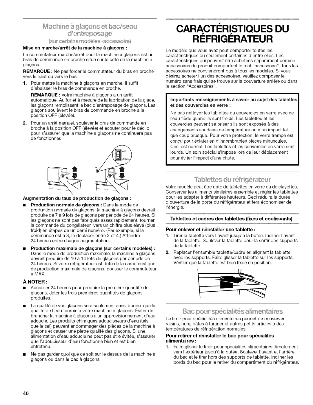 Kenmore w10144349A manual Refrigerateur, Tablettes et cadres des tablettes fixes et couliesants 