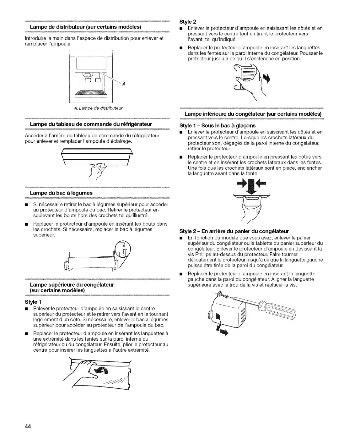 Kenmore w10144349A manual Lampe du bac & Igumes, Lampe suprieure du conglateur sur certains modules 