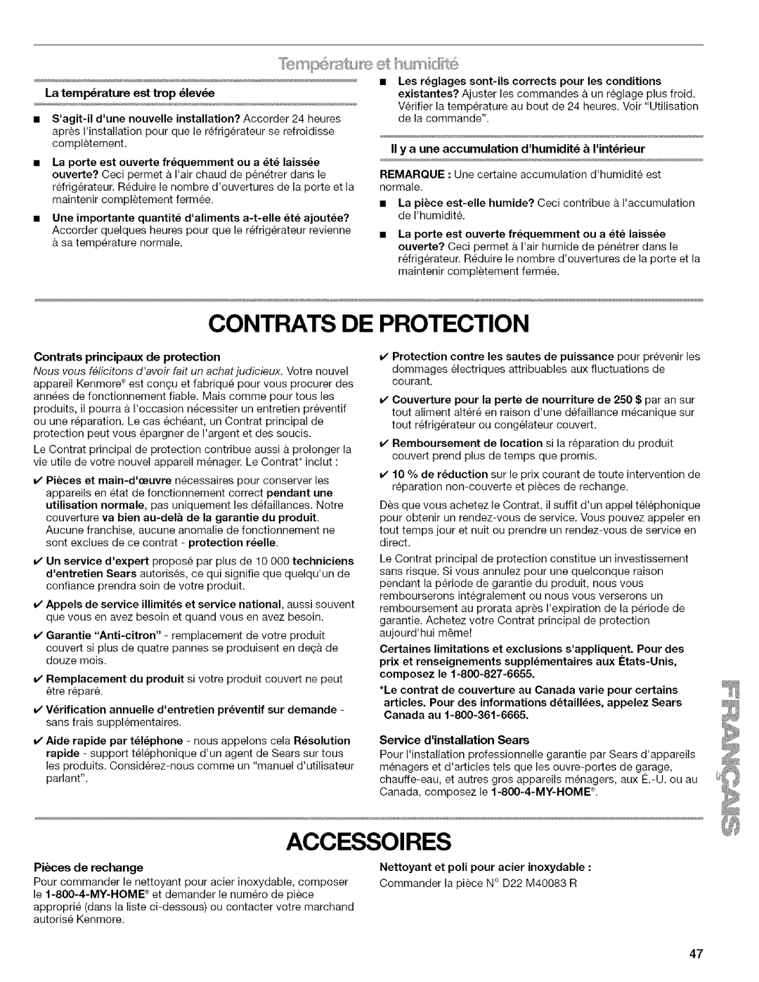 Kenmore w10144349A manual Contrats DE Protection, Latemperatureesttropleve, II y a une accumulation dhumidit& Iintrieur 