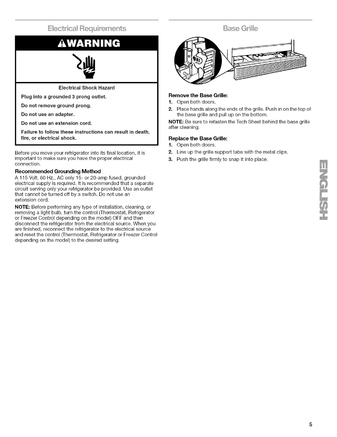 Kenmore w10144349A manual Recommended Grounding Method, Remove the Base Grille, Replace the Base Grille 