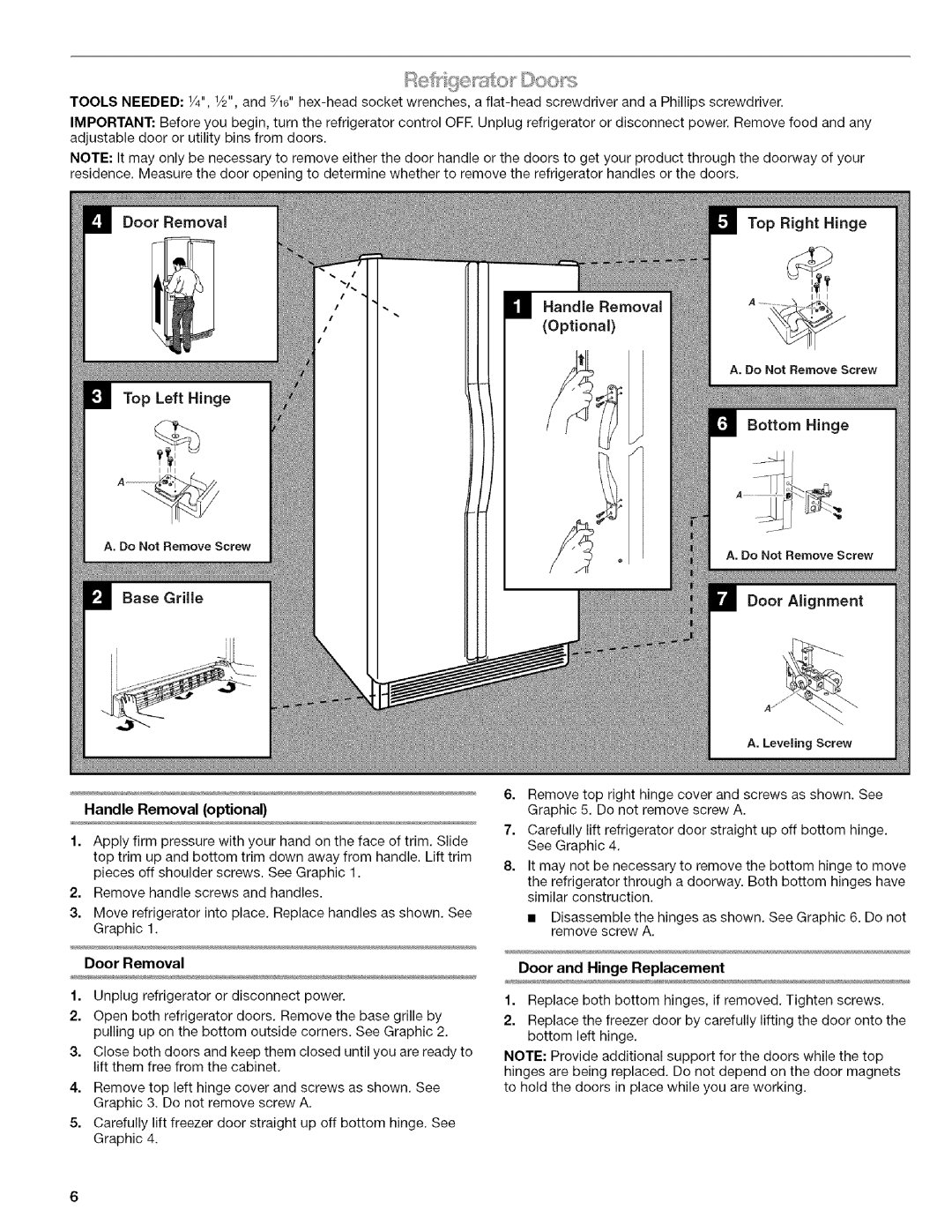 Kenmore w10144349A manual Optional, Handle Removal optional, Door Removal, Leveling Screw, Door and Hinge Replacement 