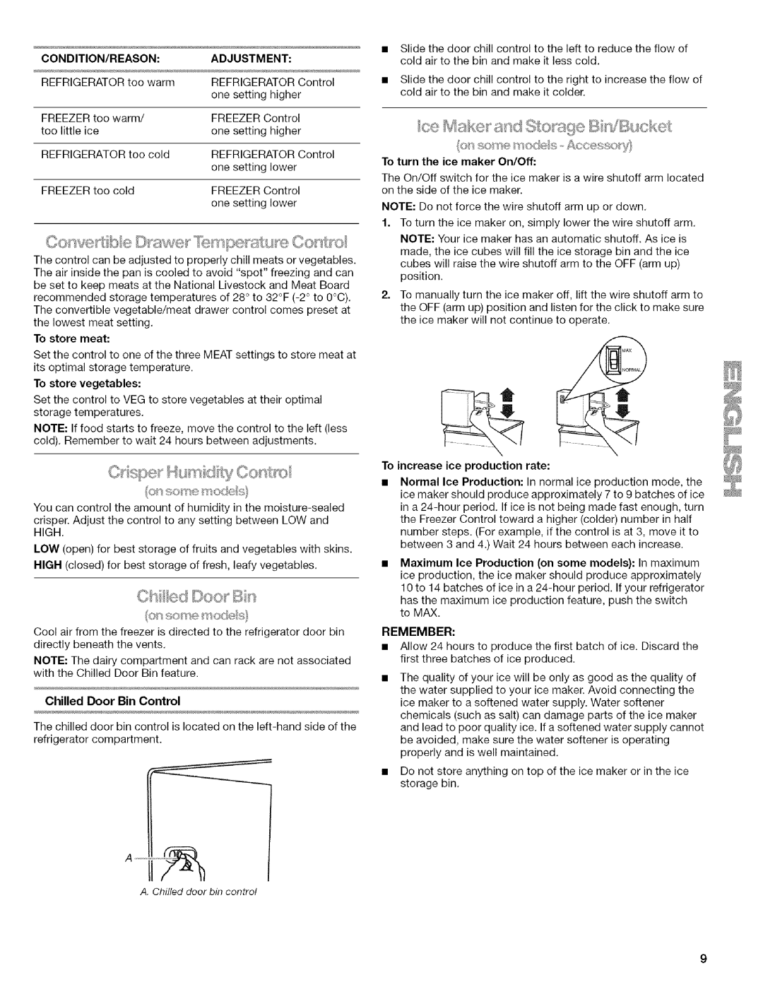 Kenmore w10144349A manual Condition/Reasonadjustment, Chilled Door Bin Control, To turn the ice maker On/Off, Remember 