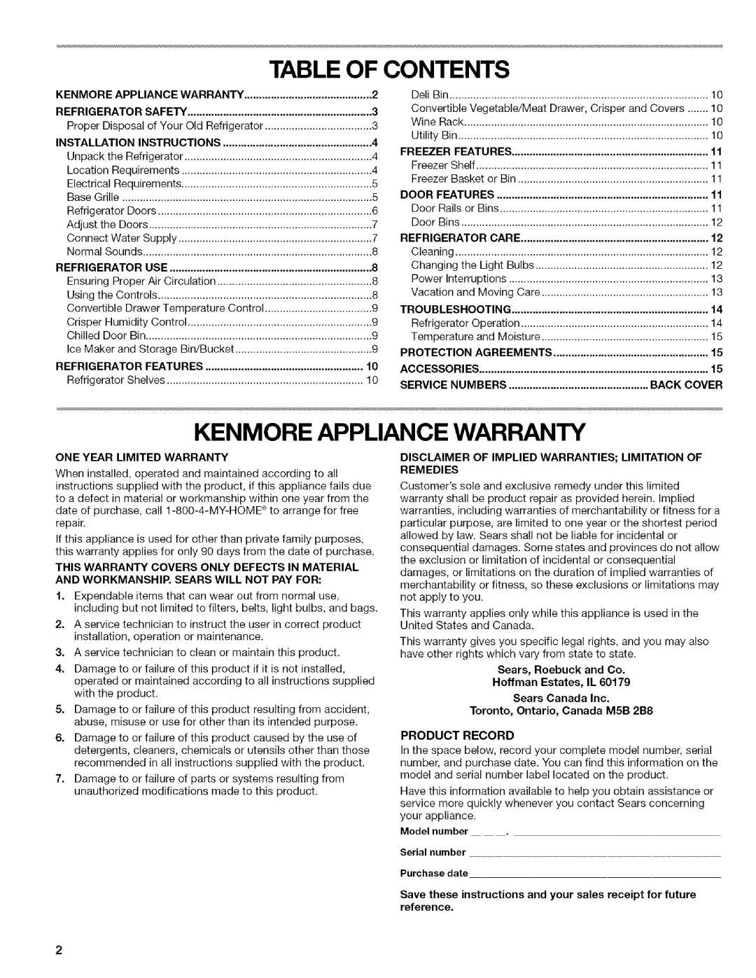 Kenmore w10144349A manual Table Of Contents, Kenmore Appliance Warranty, Refrigerator, Freezer, Protection, Agreements 