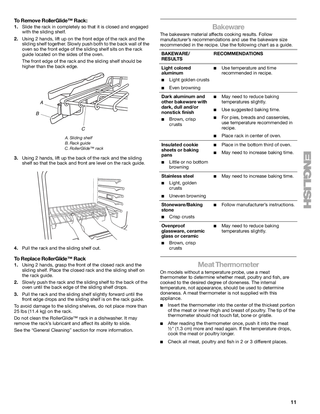 Kenmore 66578002700, W10166292A manual Bakeware, Meat Thermometer, To Remove RollerGlide Rack, To Replace RollerGlide Rack 