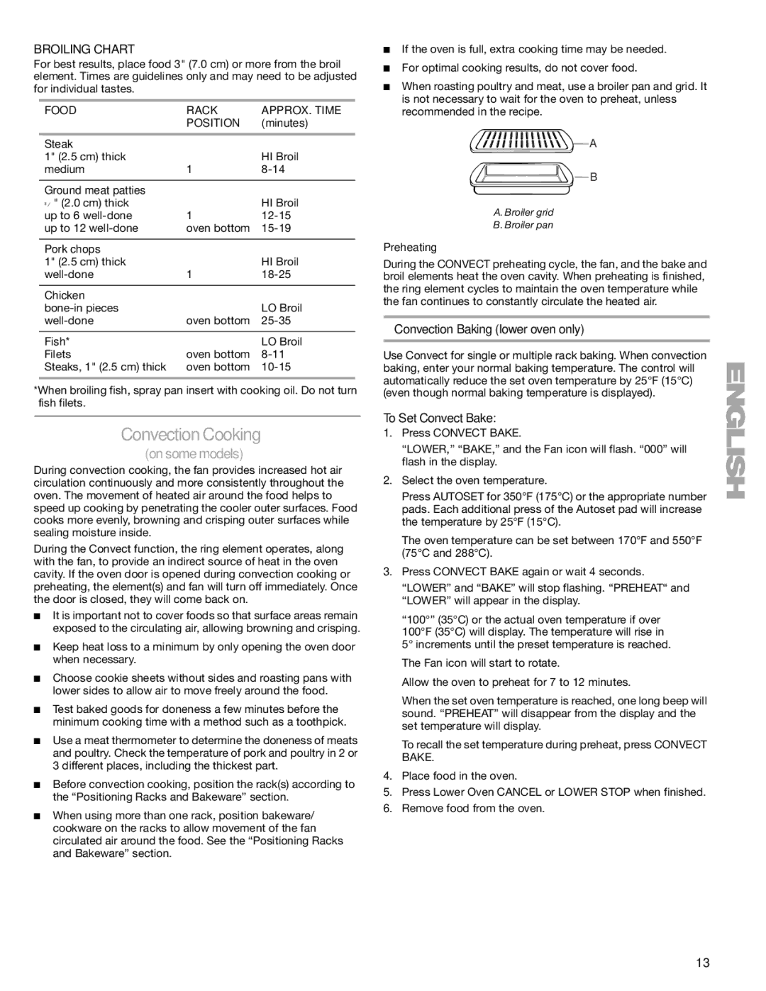 Kenmore 66578002700, W10166292A Convection Cooking, Broiling Chart, Convection Baking lower oven only, To Set Convect Bake 