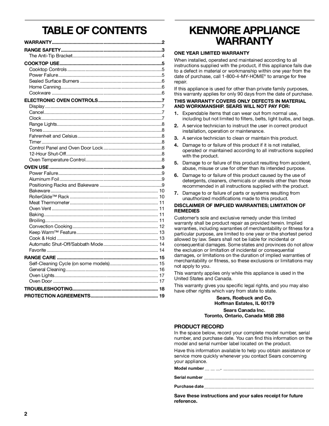 Kenmore W10166292A, 66578002700 manual Kenmore Appliance Warranty, Table of Contents 