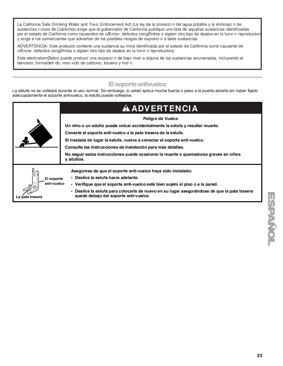 Kenmore 66578002700, W10166292A manual Advertencia, El soporte antivuelco 