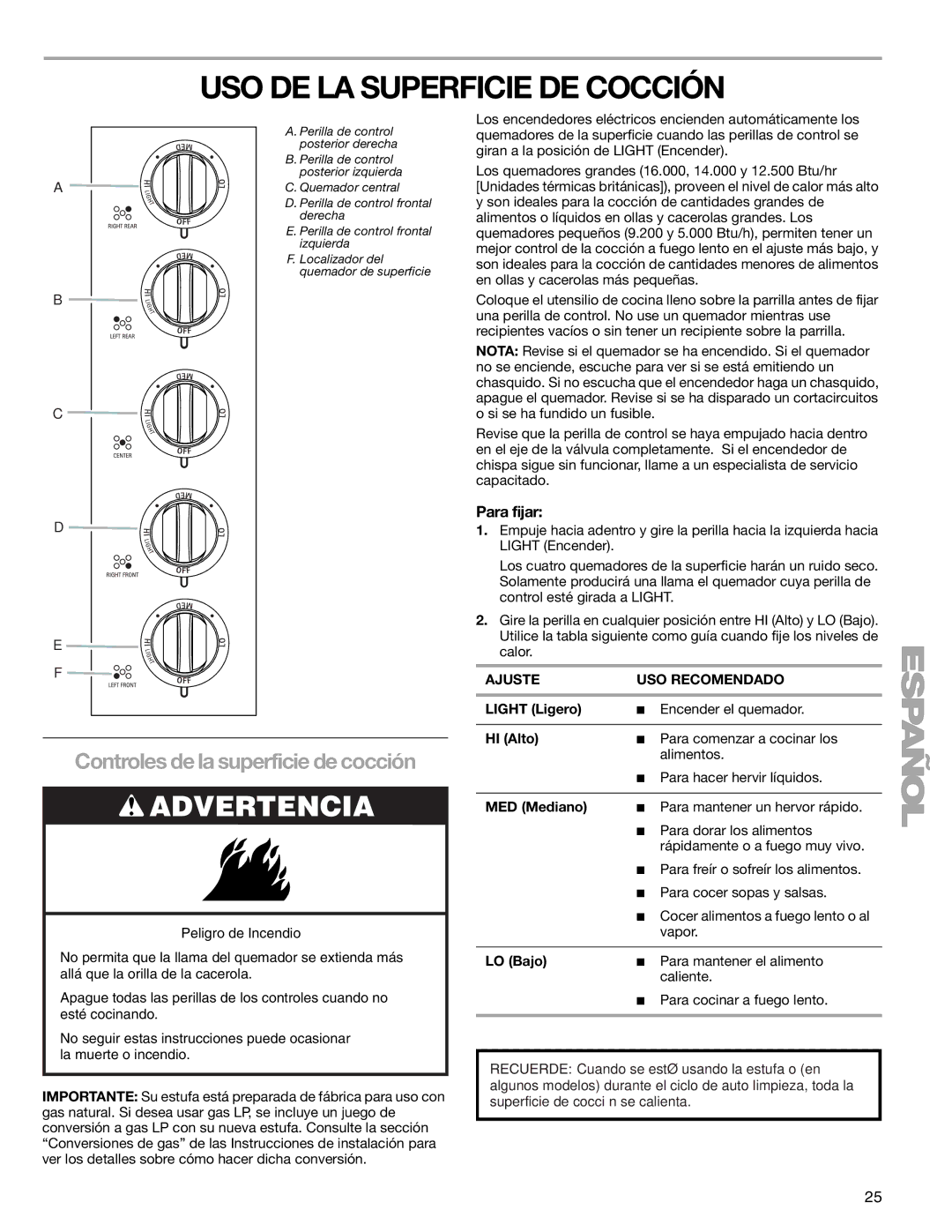 Kenmore 66578002700, W10166292A manual USO DE LA Superficie DE Cocción, Controles de la superficie de cocción, Para fijar 