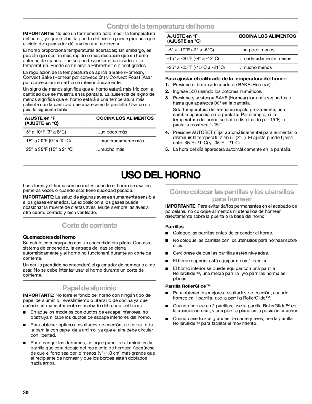 Kenmore W10166292A, 66578002700 manual USO DEL Horno, Control de la temperatura del horno, Papel de aluminio, Para hornear 