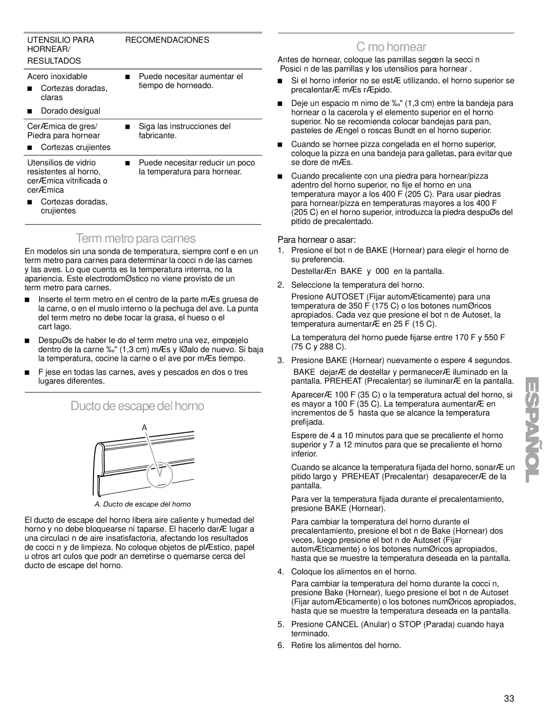 Kenmore 66578002700, W10166292A manual Termómetro para carnes, Ducto de escape del horno, Cómo hornear, Para hornear o asar 