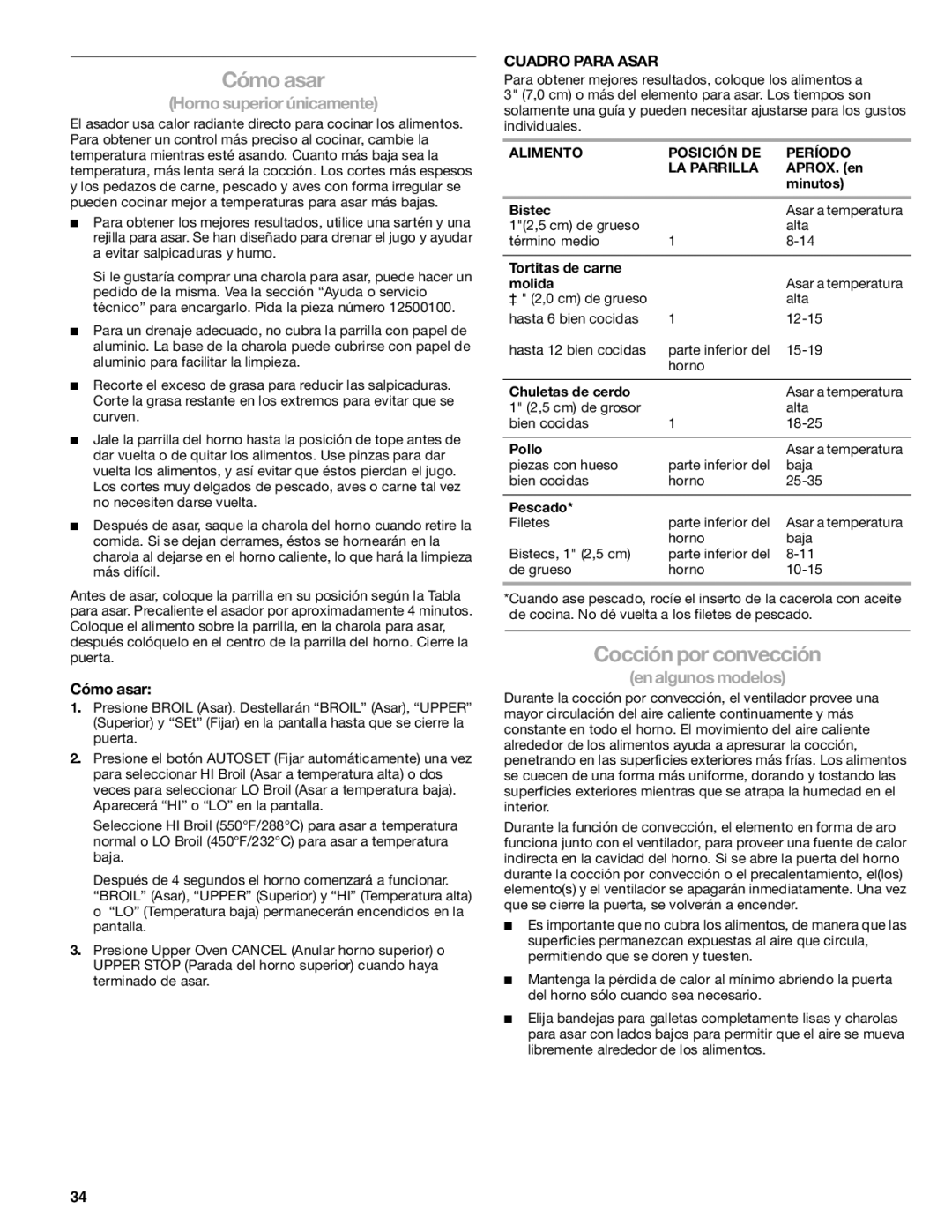 Kenmore W10166292A manual Cómo asar, Cocción por convección, Cuadro Para Asar, Alimento Posición DE Período LA Parrilla 