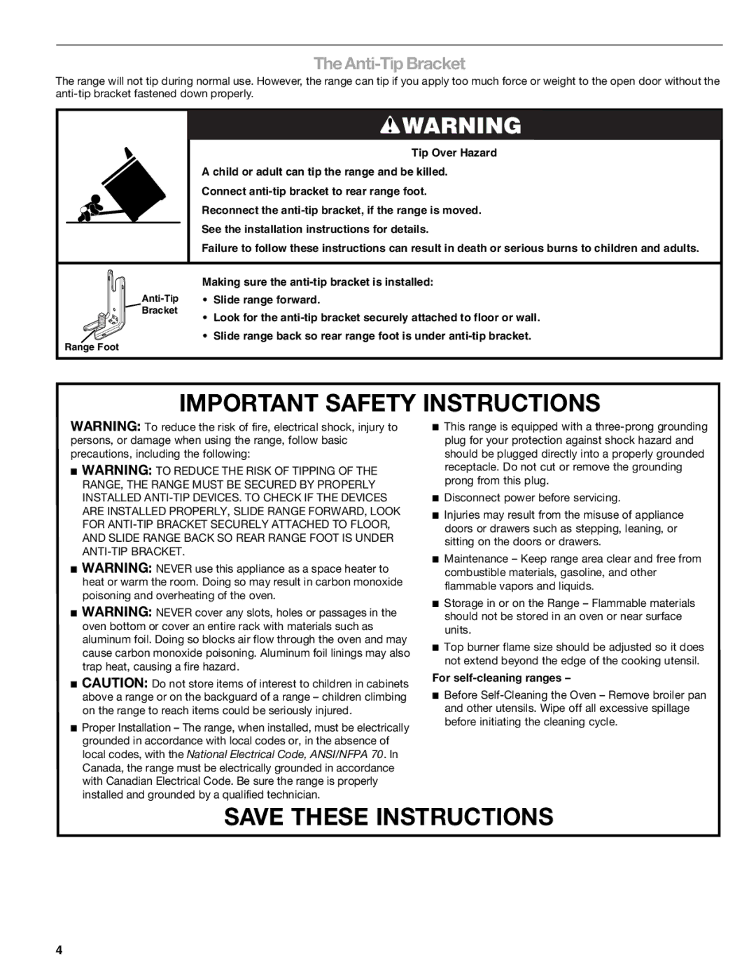 Kenmore W10166292A, 66578002700 manual Anti-Tip Bracket, For self-cleaning ranges 