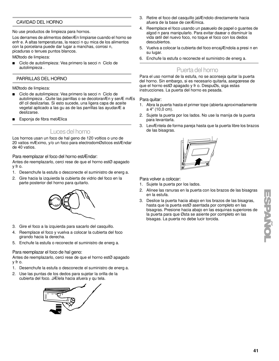 Kenmore 66578002700, W10166292A manual Luces del horno, Puerta del horno, Cavidad DEL Horno, Parrillas DEL Horno 