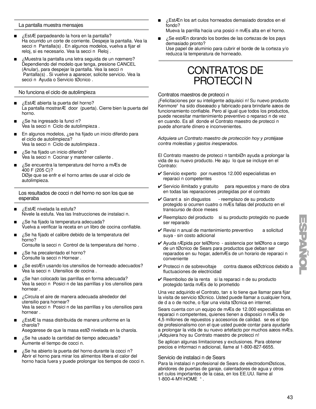 Kenmore 66578002700 manual Contratos DE Protección, La pantalla muestra mensajes, No funciona el ciclo de autolimpieza 