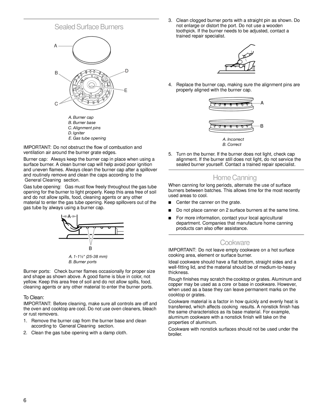 Kenmore W10166292A, 66578002700 manual Sealed Surface Burners, Home Canning, Cookware, To Clean 