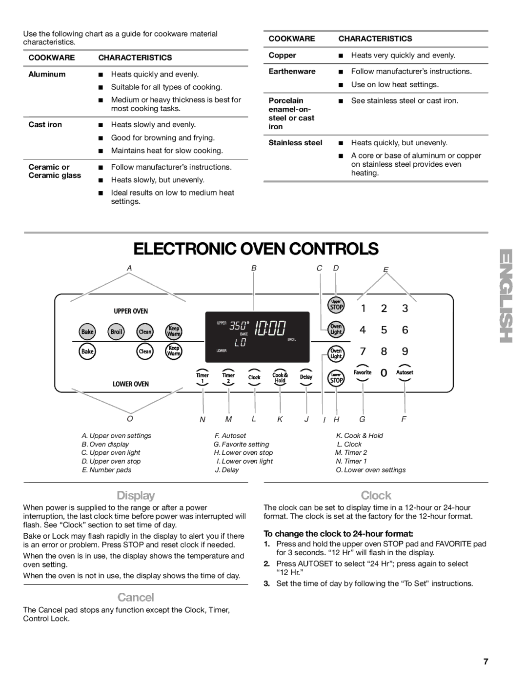 Kenmore 66578002700, W10166292A Electronic Oven Controls, Display, Cancel, Clock, To change the clock to 24-hour format 