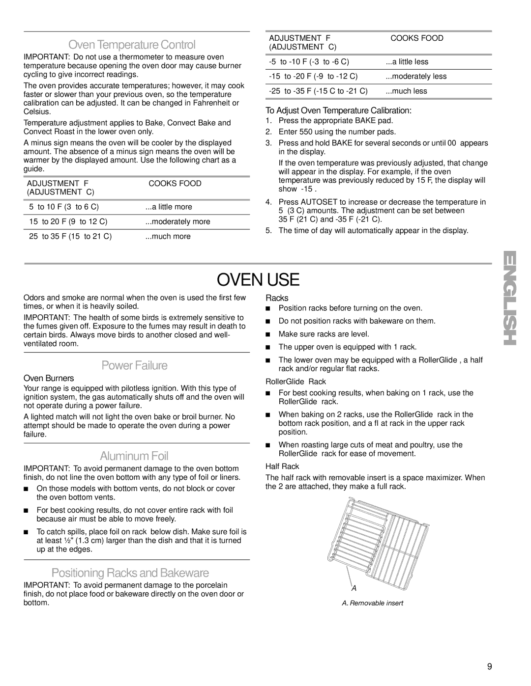 Kenmore 66578002700, W10166292A manual Oven USE, Oven Temperature Control, Aluminum Foil, Positioning Racks and Bakeware 