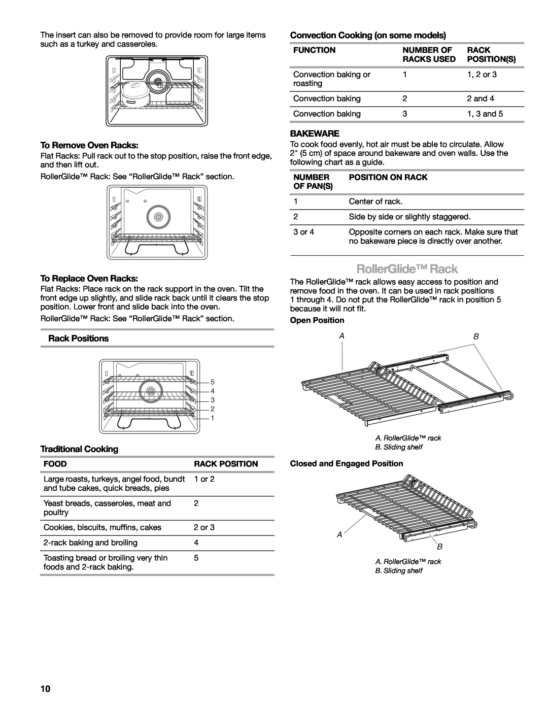 Kenmore W10166292A RollerGlide Rack, To Remove Oven Racks, Convection Cooking on some models, Bakeware, Rack Positions 