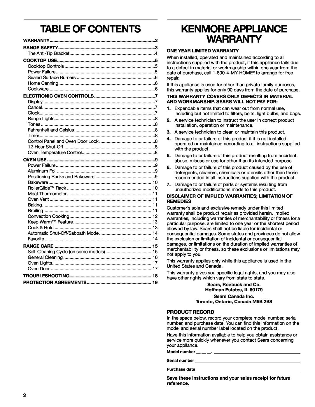 Kenmore W10166292A, 66578002700 manual Kenmore Appliance Warranty, Table Of Contents, Product Record 