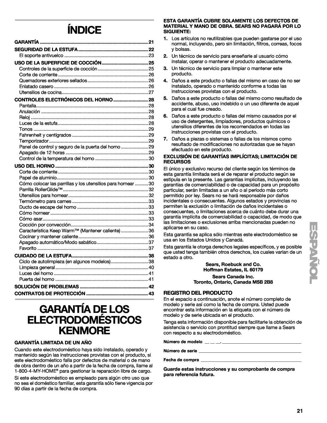 Kenmore 66578002700, W10166292A manual Índice, Kenmore, Garantía De Los, Electrodomésticos, Registro Del Producto 
