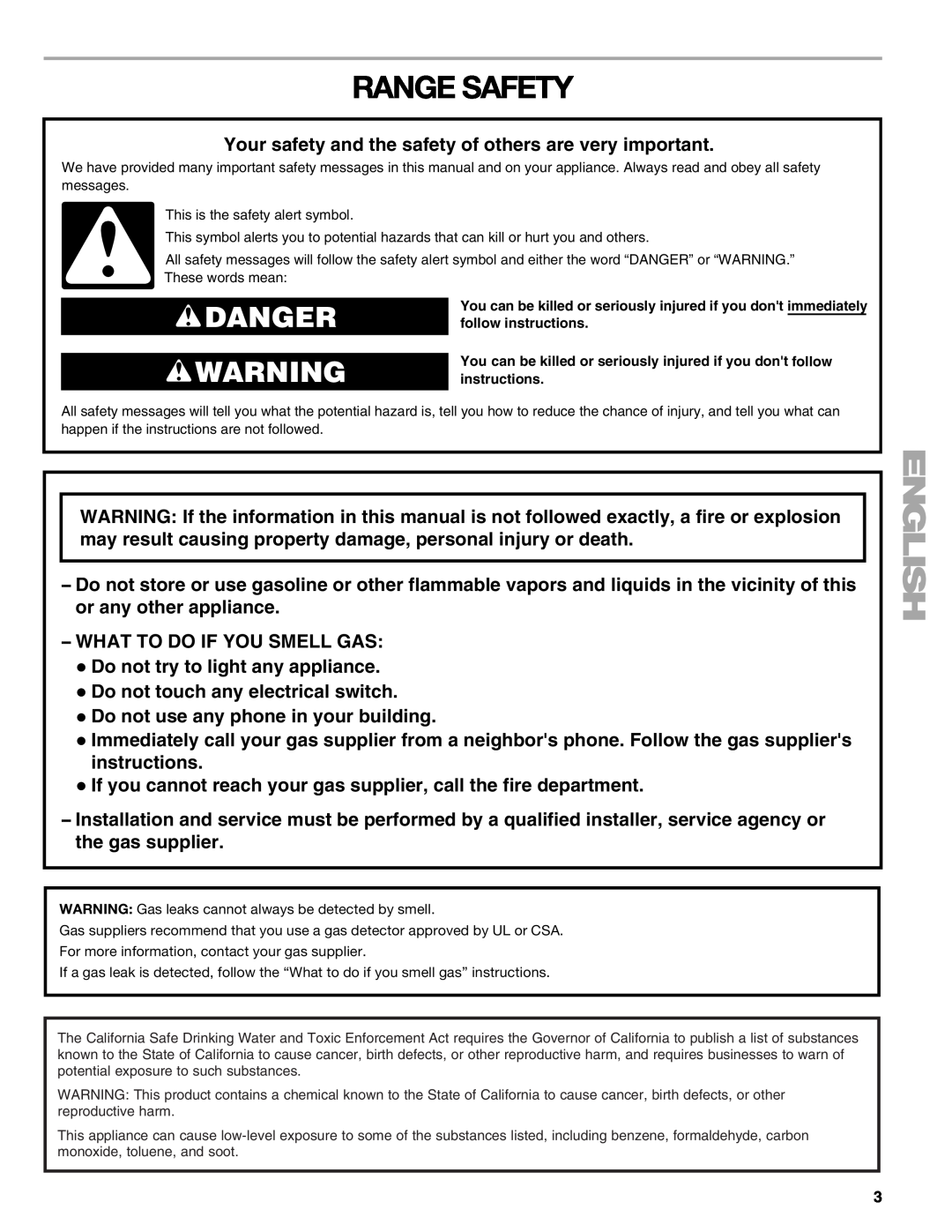 Kenmore 66578002700, W10166292A manual Range Safety, Danger 