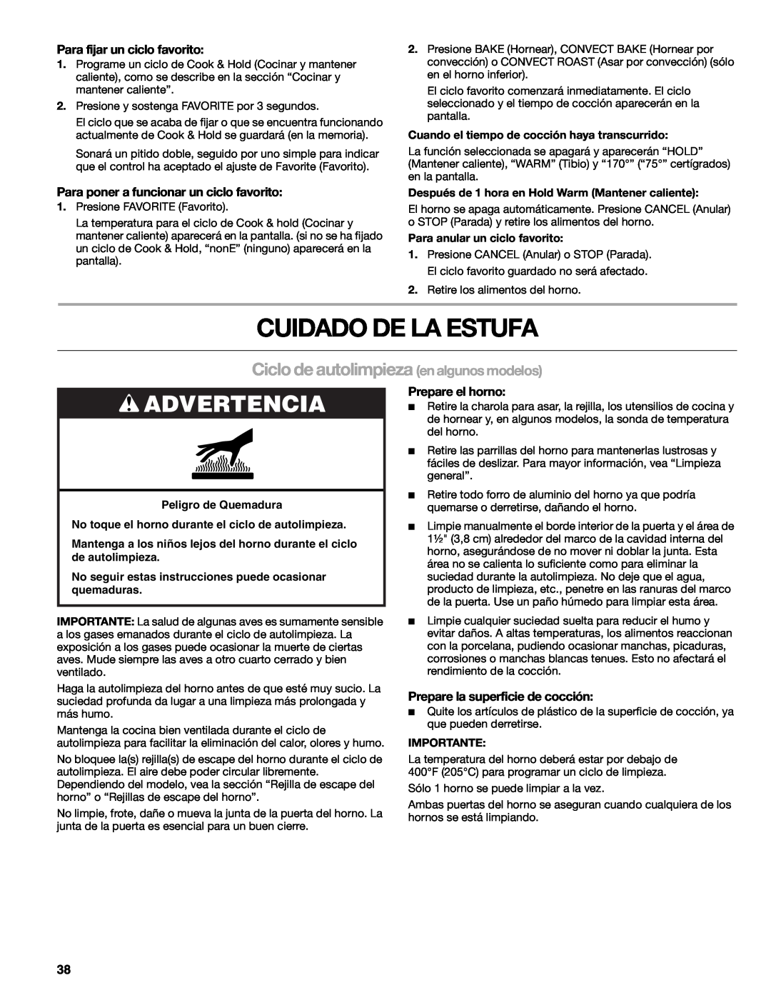 Kenmore W10166292A manual Cuidado De La Estufa, Ciclo de autolimpieza en algunos modelos, Advertencia, Prepare el horno 