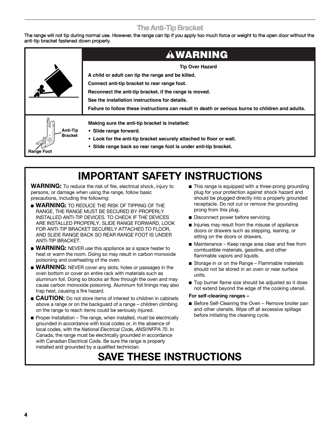 Kenmore W10166292A, 66578002700 manual Important Safety Instructions, Save These Instructions, The Anti-Tip Bracket 
