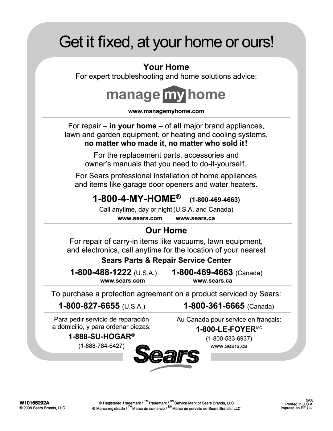 Kenmore W10166292A manual Registered Trademark, Service Mark of Sears Brands, LLC, 2/08, Printed in U.S.A, Impreso en EE.UU 
