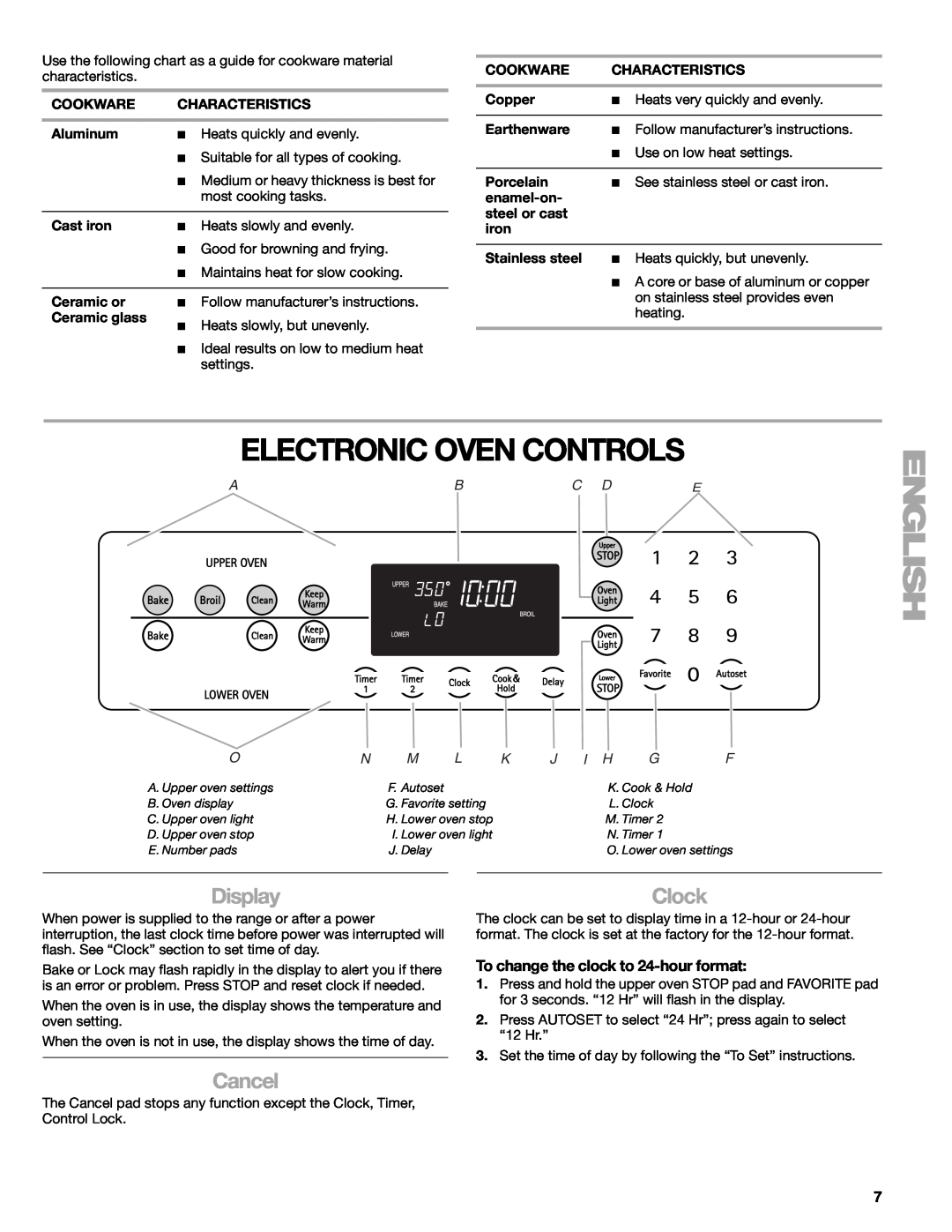 Kenmore 66578002700 manual Electronic Oven Controls, Display, Cancel, Clock, To change the clock to 24-hour format, Abc De 