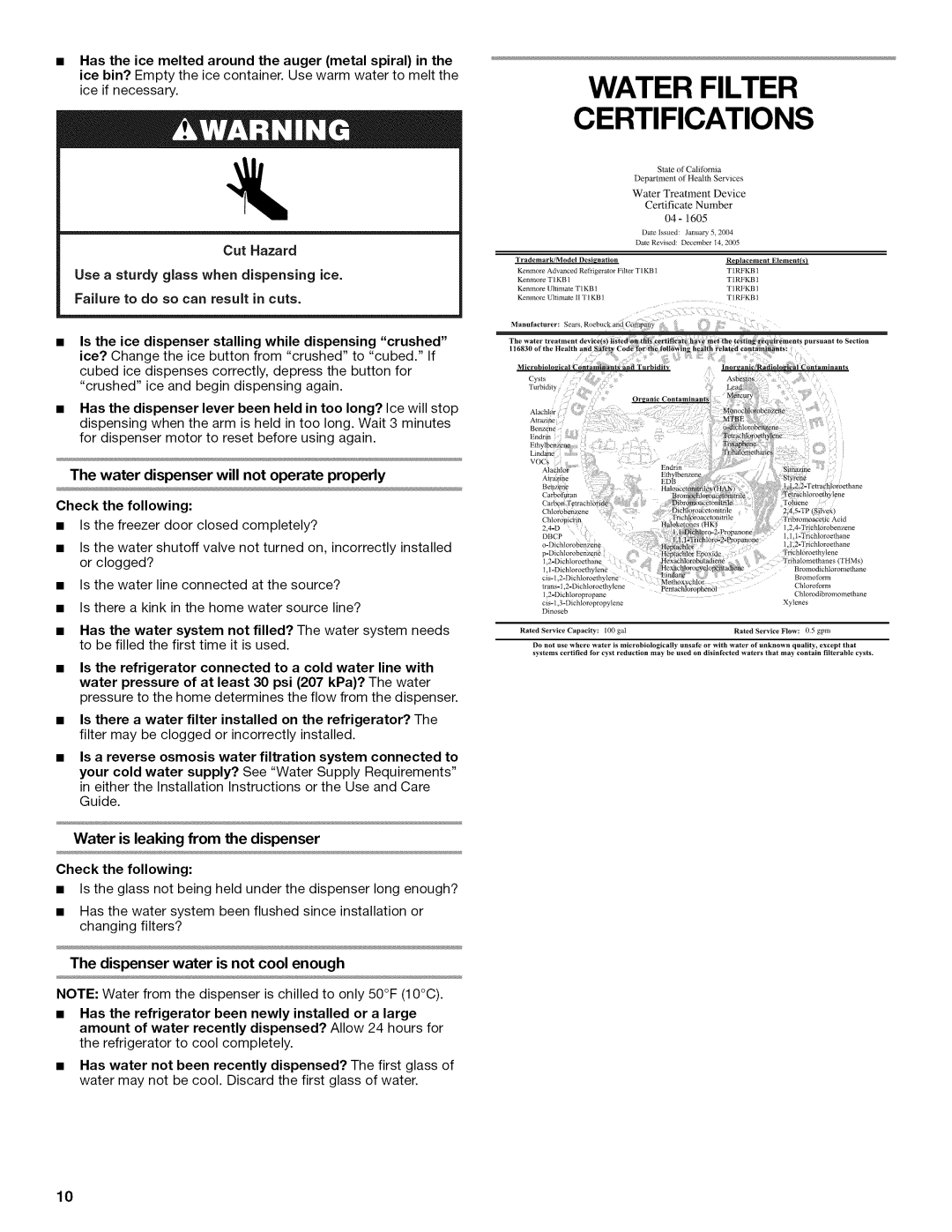 Kenmore 10646032800, W10192868A, 10646033800, 10646033801 Water Filter Certifications, Water is leaking from the dispenser 
