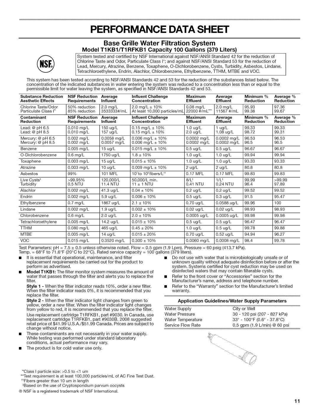 Kenmore W10192868A, 10646033800, 10646033801 Performance Data Sheet, Model T1 KB1/T1 RFKB1 Capacity 100 Gallons 379 Liters 