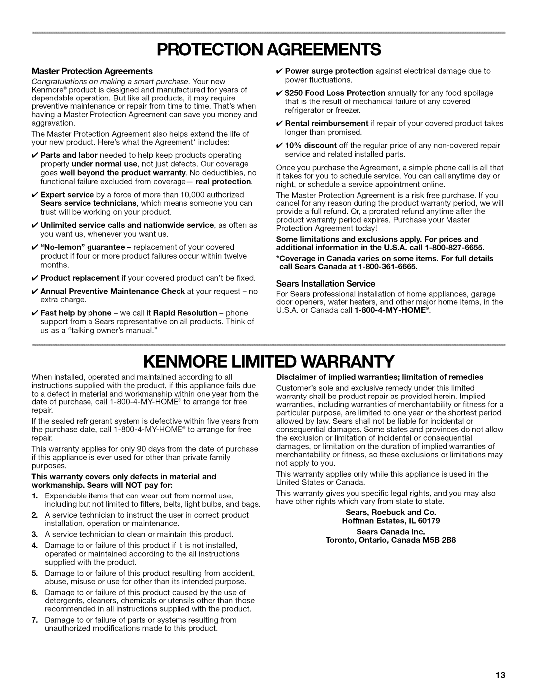 Kenmore 10646033801, W10192868A, 10646033800, 10645423800 manual Kenmore Limited Warranty, Master Protection Agreements 