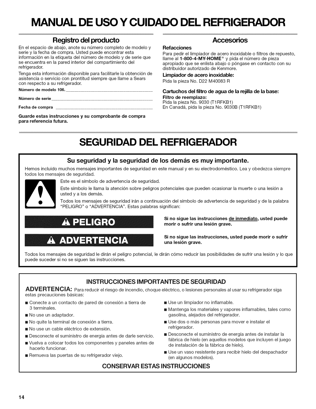 Kenmore 10645423800 manual Seguridad DEL Refrigerador, Registro del producto, Accesorios, Limpiador de acero inoxidable 