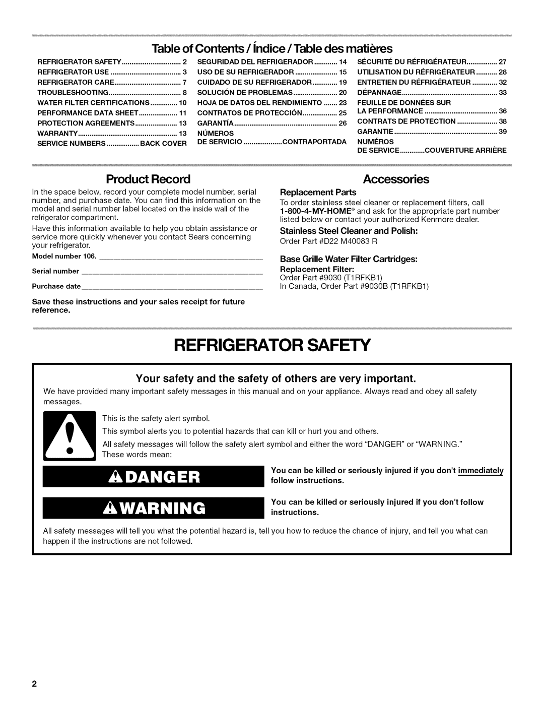 Kenmore 10646033801 manual Refrigerator Safety, Table of Contents / indice / Table des matibres, Product Record Accessories 