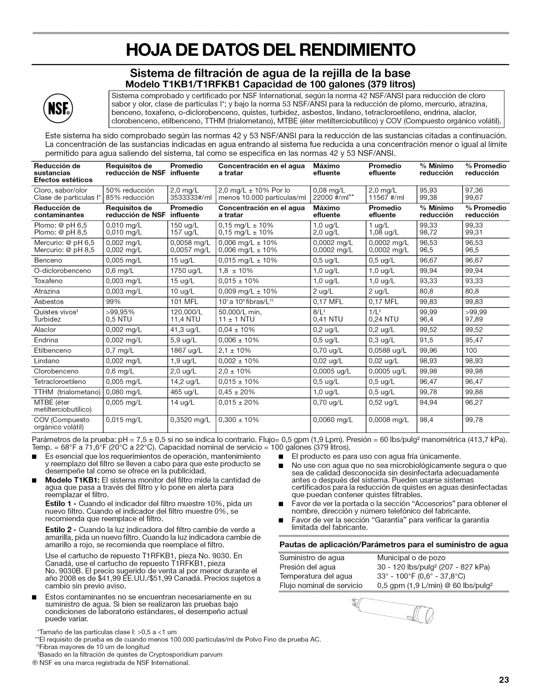 Kenmore 10646033800, W10192868A Hoja DE Datos DEL Rendimiento, Modelo TIKB1/TIRFKB1 Capacidad de 100 galones 379 litros 