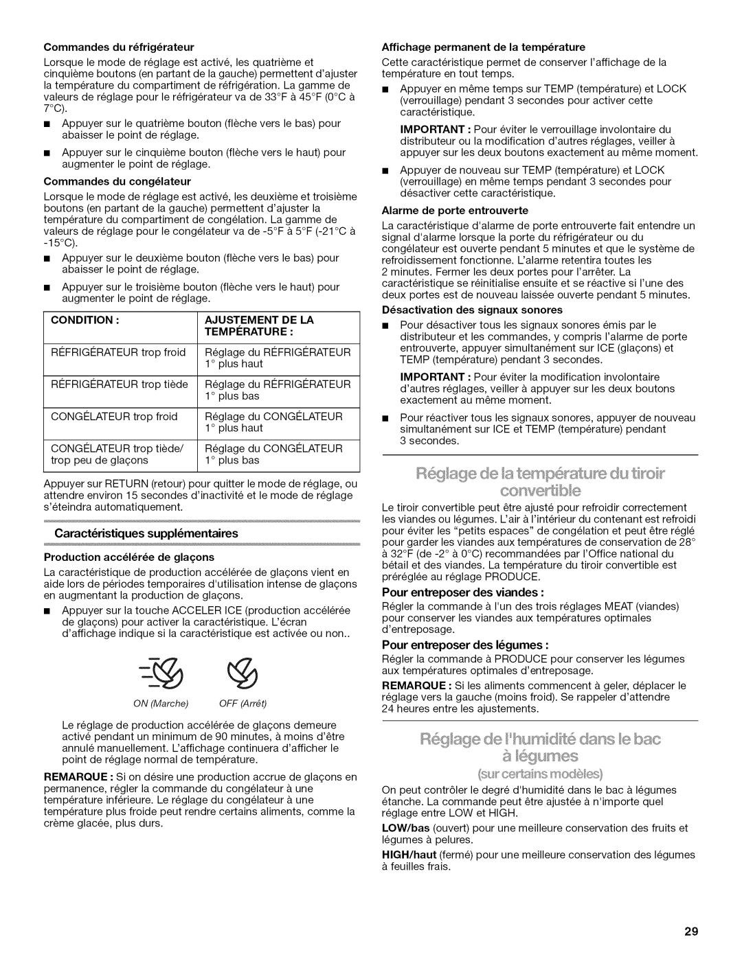 Kenmore 10646029800, W10192868A Commandes du rfrigrateur, Commandes du conglateur, Affichage permanent de la temperature 