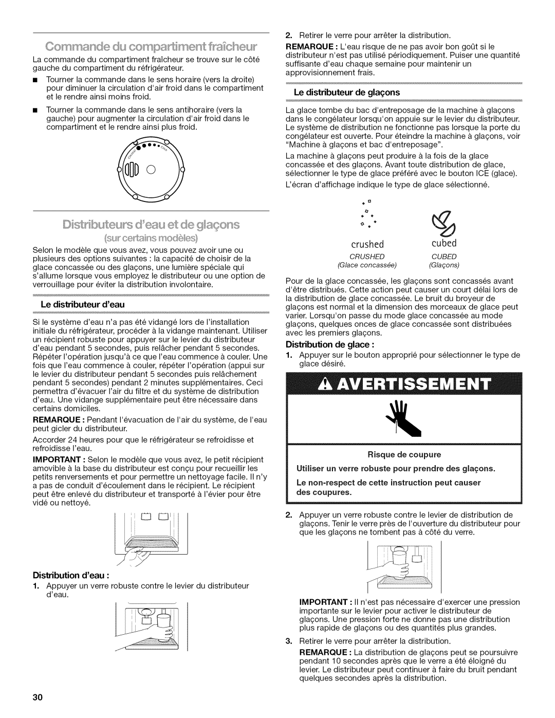 Kenmore 10646022801, W10192868A, 10646033800 manual Le distributeur deau, Le distributeur de glaqons, Distribution deau 