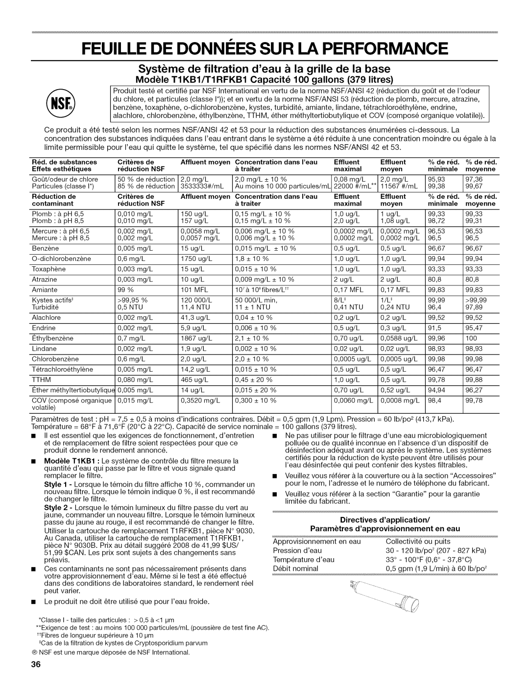 Kenmore 10645423800 manual Feuille DE Donni ES SUR LA Performance, ModUle T1 KB1/TIRFKB1 Capacite 100 gallons 379 litres 