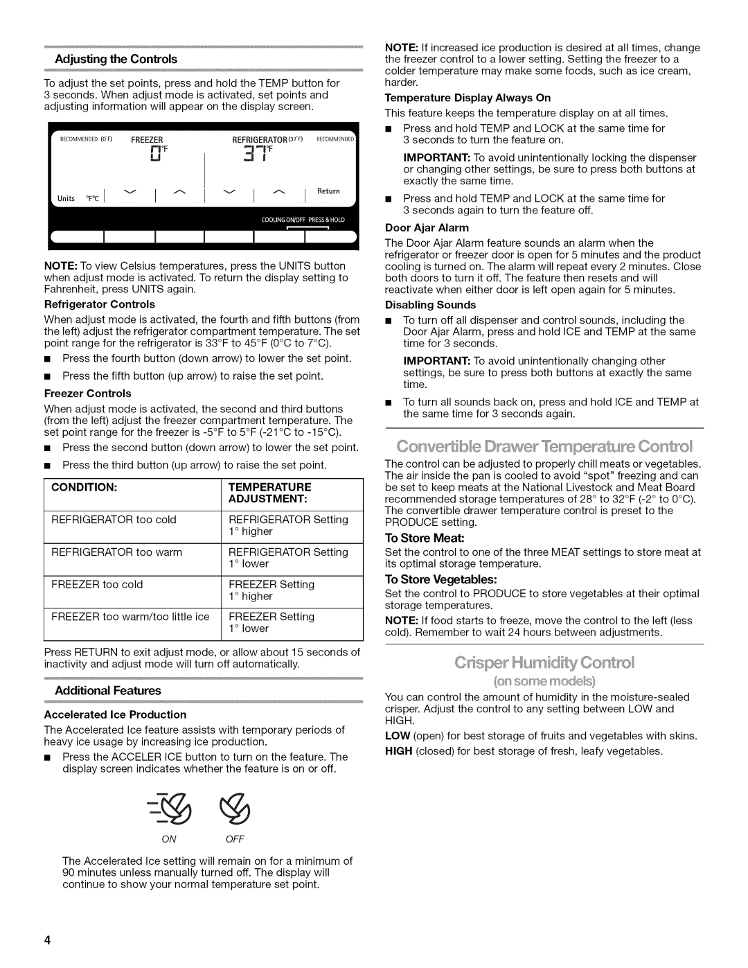 Kenmore 10645432800, W10192868A, 10646033800, 10646033801, 10645423800, 10645429800, 10645432801 manual Adjusting the Controls 