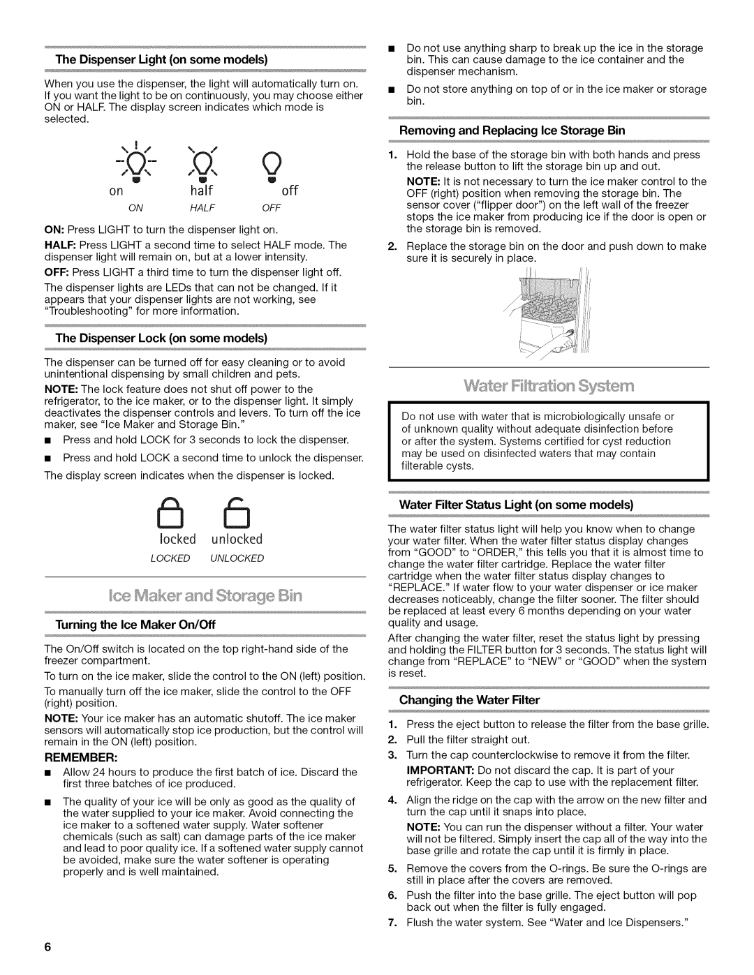 Kenmore 10645432801, W10192868A manual Dispenser Light on some models, Onhalfoff, Removing and Replacing Ice Storage Bin 