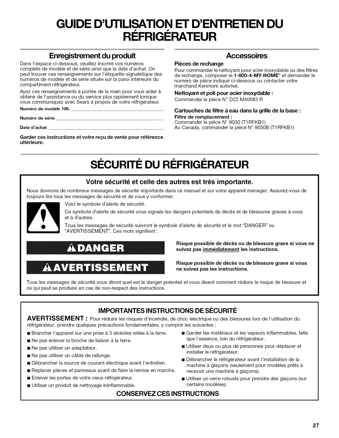 Kenmore 10645429800 manual Guide Dutilisationet Dentretiendu Ri Frigi Rateur, Si Curiti Du Ri Frigi Rateur, Accessoires 