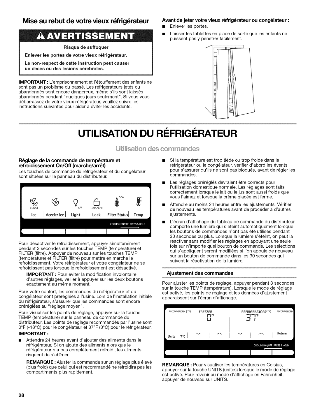 Kenmore 10645432801, W10192868A manual Utilisation Du Refrigerateur, uo,ts,el, Mise au rebut de votre vieux r frig rateur 