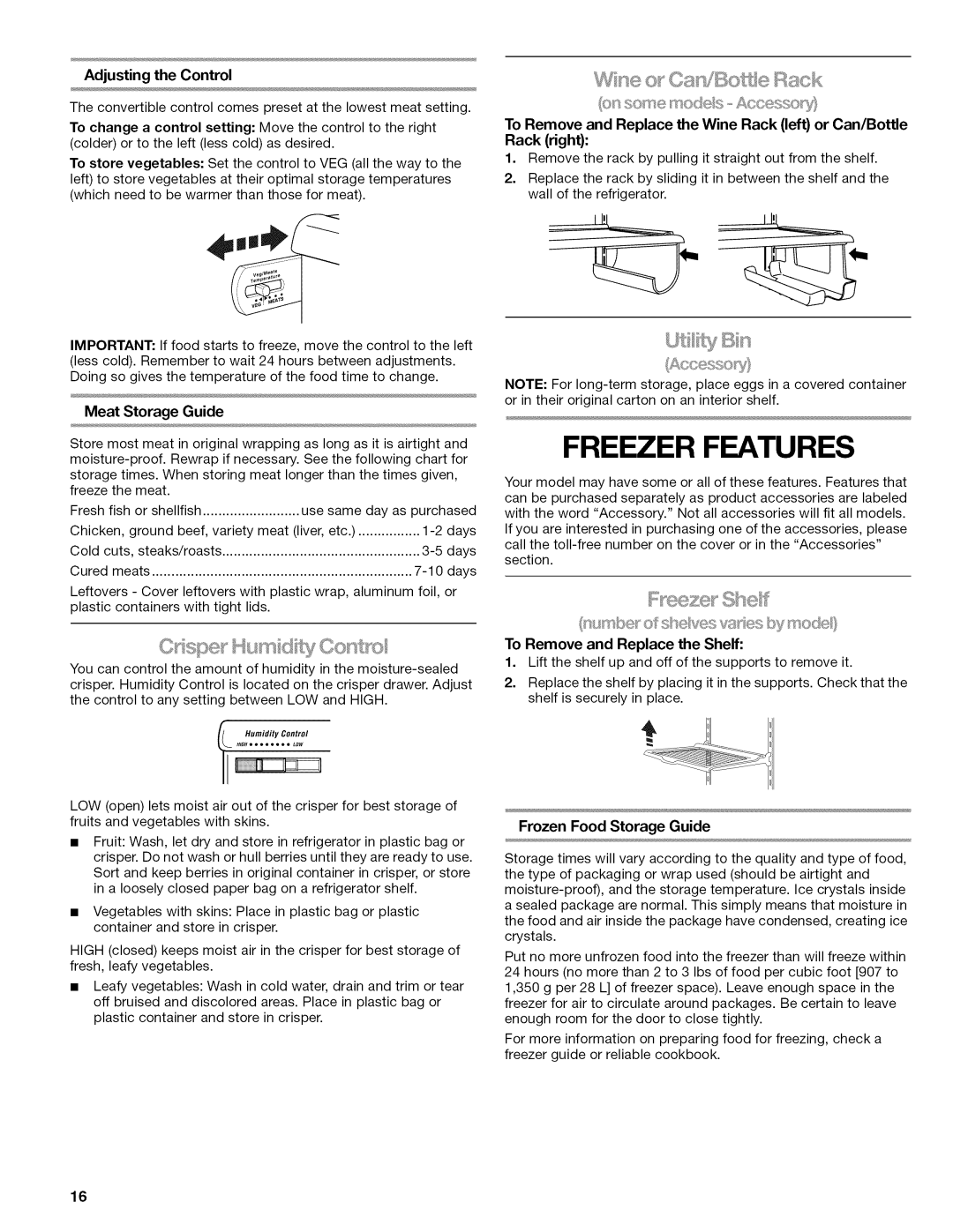 Kenmore W10215709A manual Freezer Features, Wne CasiB e, Frozen Food Storage Guide 