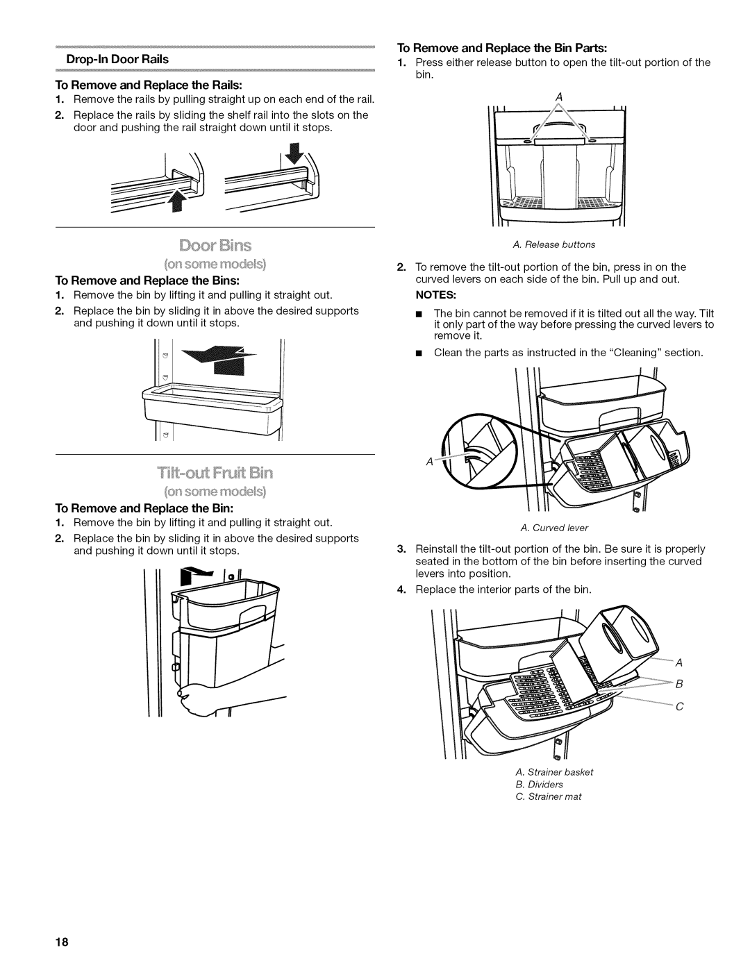 Kenmore W10215709A manual Drop-In Door Rails To Remove and Replace the Rails, To Remove and Replace the Bins 